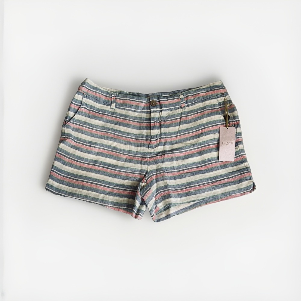 Striped Linen Shorts Sz12 Coastal Casual Nautical Preppy St Tropez West NWT